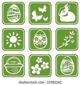 Nine easter symbols isolated on a green background.
