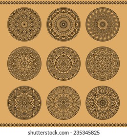 nine eastern mandalas on a beige background