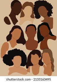 Nine elegant silhouettes of girls and women in a minimalist boho style. Women of different skin and hair style together. International Women's Day. The concept of women's friendship and the movement