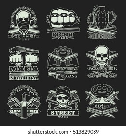 Nine emblems set with gangsters and mafia street wars symbolics weapons skulls knuckle duster and captions vector illustration