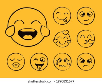 nueve expresiones de conjunto de emojis caras