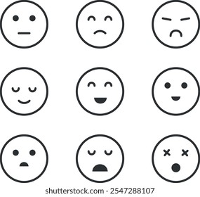 Nueve emoticonos con diferentes expresiones faciales, mostrando emociones como neutral, triste, enojado, ligeramente sonriente, riendo con los ojos abiertos, riendo con los ojos cerrados, sorprendido, decepcionado.