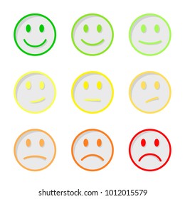 Nine emotions in different colors. Smiley set.