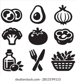 Nine essential icons representing food, herbs, and dining utensils
