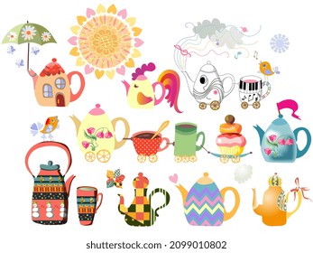 
Nine fabulous teapots in the form of a boat, a house, a train, a cockerel and others, as well as cups, cake, funny birds, the sun, butterflies, an umbrella and flowers. Beautiful postcard in vector, 