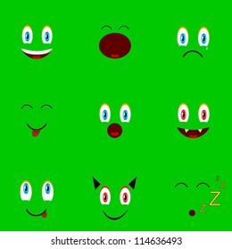 Nine faces located on a green background