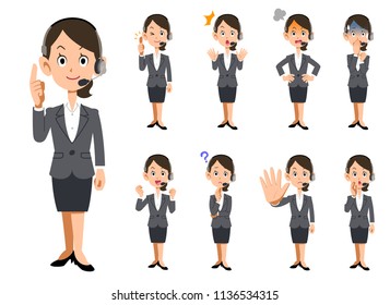 Nine facial expressions and gestures of female operators wearing a headset _ whole body
