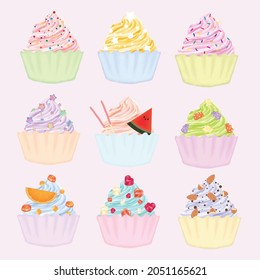 Nine Fancy Cupcakes Illustrations, Candy Cupcakes Set, Fruity Cupcakes Drawing, Conectionery, Creamy Muffins, Pastel Cupcakes with many toppings, Cute Sweets Menu, Bakery Shop Decoration