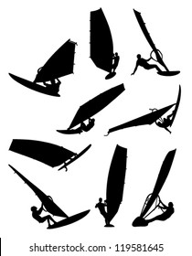 nine figures of surfers on a white background