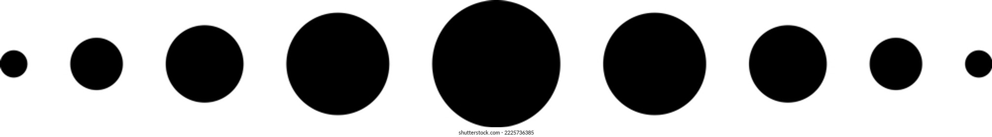 Nine filled black circle shapes in a row, different sizes. Isolated vector illustration, transparent background. Asset for overlay, pattern, cards, montage, collage, mark making or flourish design.