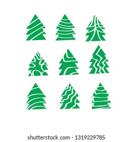 Nine firs, Christmas tree patterns, white lines, nature, set