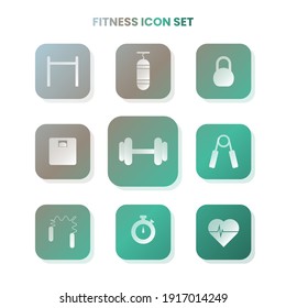 Nine FITNESS icons in one set with white color on gradient and white background. Vector illustration