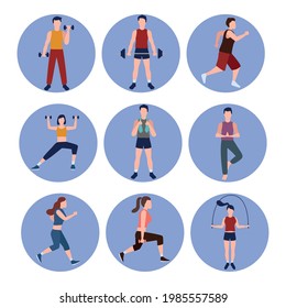 nine fitness persons practicing exercise