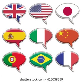 Nine flag language bubbles. CMYK vector illustration.