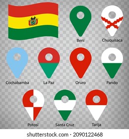 Nine flags the Departments of Bolivia  -  alphabetical order with name.  Set of 2d geolocation signs like flags Departments of Bolivia. Nine 2d geolocation signs for your design. EPS10