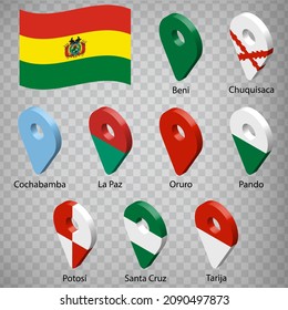 Nine flags the Departments of Bolivia  -  alphabetical order with name.  Set of 3d geolocation signs like flags Departments of Bolivia. Nine 3d geolocation signs for your design. EPS10 