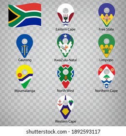 Nine  flags the Provinces of South Africa-  alphabetical order with name.  Set of 2d geolocation signs like flags Provinces of South Africa.  Nine one 2d geolocation signs for your design. EPS10