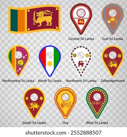 Nine flags  Provinces of Sri Lanka -  alphabetical order with name.  Set of 2d geolocation signs like flags Provinces of Sri Lanka.  Nine 2d geolocation signs for your design. EPS10