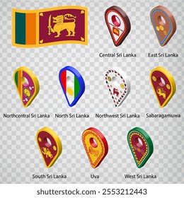 Nine flags  Provinces of Sri Lanka -  alphabetical order with name.  Set of 3d geolocation signs like flags Provinces of Sri Lanka.  Nine 3d geolocation signs for your design. EPS10