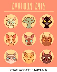 nine flat cartoon cats into circles