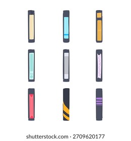 Nine flat design illustrations depicting various colorful vhs video tape cassettes, representing vintage media, old technology, entertainment, and nostalgia from the past