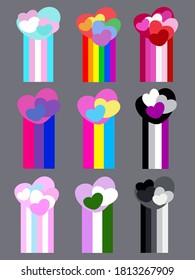 nine flower of different prides in the shape of hearts.transgender, homosexual, lesbian, bisexual, pansexual, asexual, intersex, genderqueer, heterosexual.