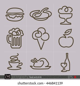 Nine food and drink icons, special drawings by single line.  Design for logo, menu carte, sign board, bag, ads, etc. Flat vector on separated background. Light variant.