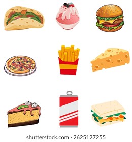 Nine food illustrations in grid 3x3, including tacos, ice cream, burgers, pizza, French fries, cheese, cake, soda, and sandwiches. Each picture is brightly colored and describes popular foods in a sim