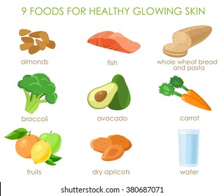 Nine foods for healthy glowing skin. Natural vitamins sources. Vector illustration