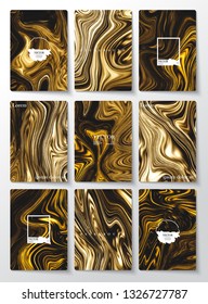Nine frame marble abstract background. Liquid marble pattern. gold color.