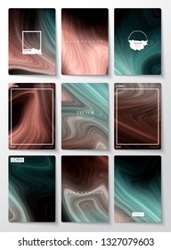 Nine frame marble abstract background. Liquid marble pattern. Brown and blue color.