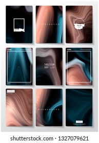 Nine frame marble abstract background. Liquid marble pattern. Brown and blue color.