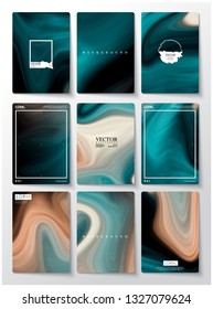 Nine frame marble abstract background. Liquid marble pattern. Brown and blue color.