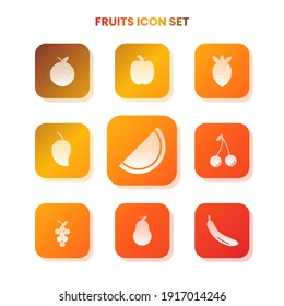 Nine FRUIT icons in one set with white color on gradient and white background. Vector illustration