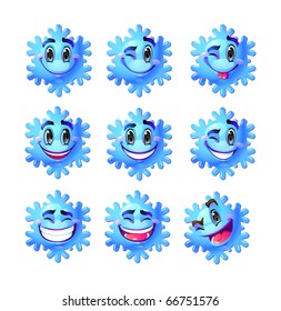 Nine fun blue characters ? snowflakes. Snowflakes have faces with happy eyes, laughing smiles. Blue objects on white background.