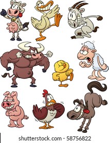 Nine funny cartoon farm animals. Vector illustration with simple gradients. All characters are on separate layers for easy editing.
