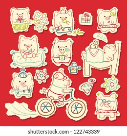 Nine funny cartoon  pigs , isolated from a background.