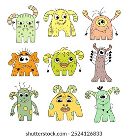 Nine funny multi-coloured monsters. Fabulous creatures in your design. A set of cartoon microbes, aliens.