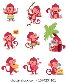 Nine Funny Red Monkeys In Different Actions And Expressions Vector Illustration Set Chartoon Caracter