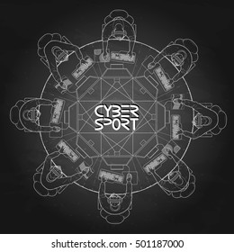 Nine game players sitting at the round table in front of computer. Top view. Vector participants of cyber sport tournament