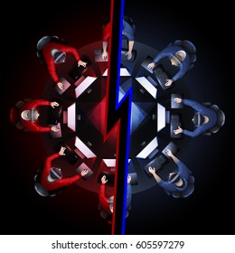 Nine game players sitting at the round table in front of computers. Two enemy teams. Top view. Vector participants of cyber sport tournament