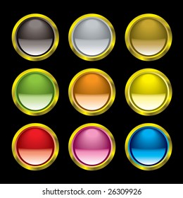 Nine gel filled buttons with gold rim and light reflection