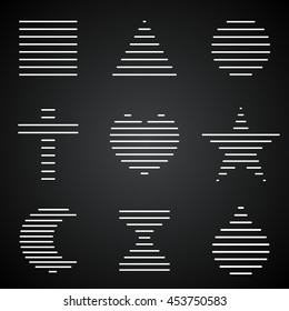 nine geometric figures and symbols on a black background