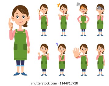 Nine gestures and facial expressions of a woman with an apron _ whole body