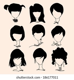 nine girl lady  various hair style, vector file, illustration 