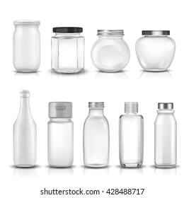 Nine glass jars collection set. 3D illustration.