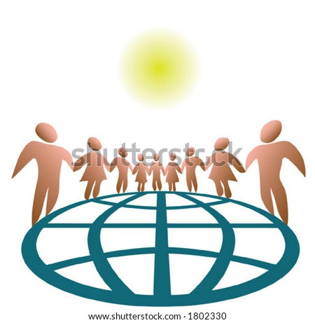 Nine globally connected symbol people, on white. The globe and each person are on separate layers, for easy customization.