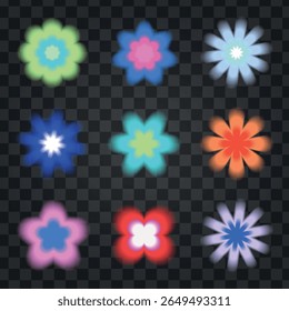Nove flores brilhantes em várias cores em um fundo transparente. Brilhante, colorido e vibrante, essas flores criam um efeito luminoso e brilhante. Vetor de conjunto de elementos brilhante bonito.