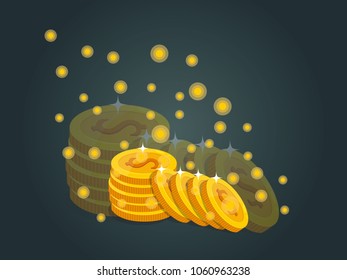 Nine Gold coins vector EPS10 icon with dollar sign. on dark Background. Vector illustration.