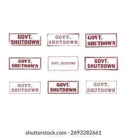 Nine Government Shutdown rectangular  stamp collection designs, rustic vintage distressed texture grunge effect pattern.